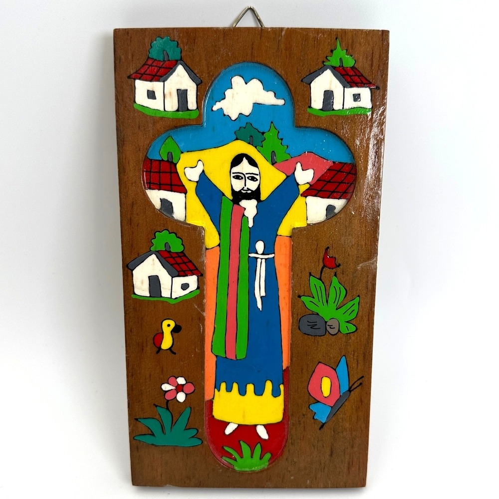 El Salvador Jesus Cross Wall Plaque Hand Painted Folk Art Wood Religious
